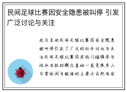 民间足球比赛因安全隐患被叫停 引发广泛讨论与关注