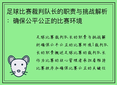 足球比赛裁判队长的职责与挑战解析：确保公平公正的比赛环境