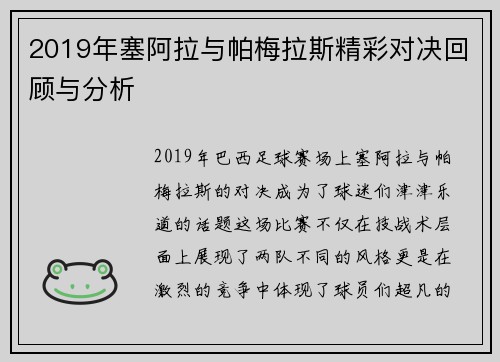 2019年塞阿拉与帕梅拉斯精彩对决回顾与分析