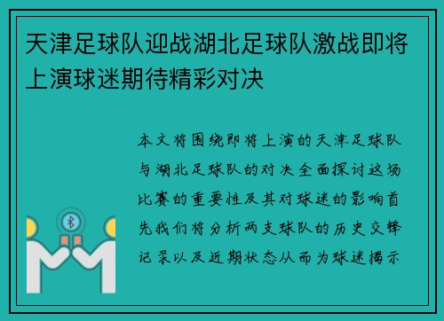天津足球队迎战湖北足球队激战即将上演球迷期待精彩对决