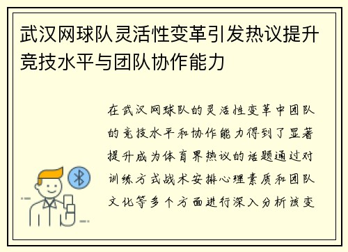 武汉网球队灵活性变革引发热议提升竞技水平与团队协作能力